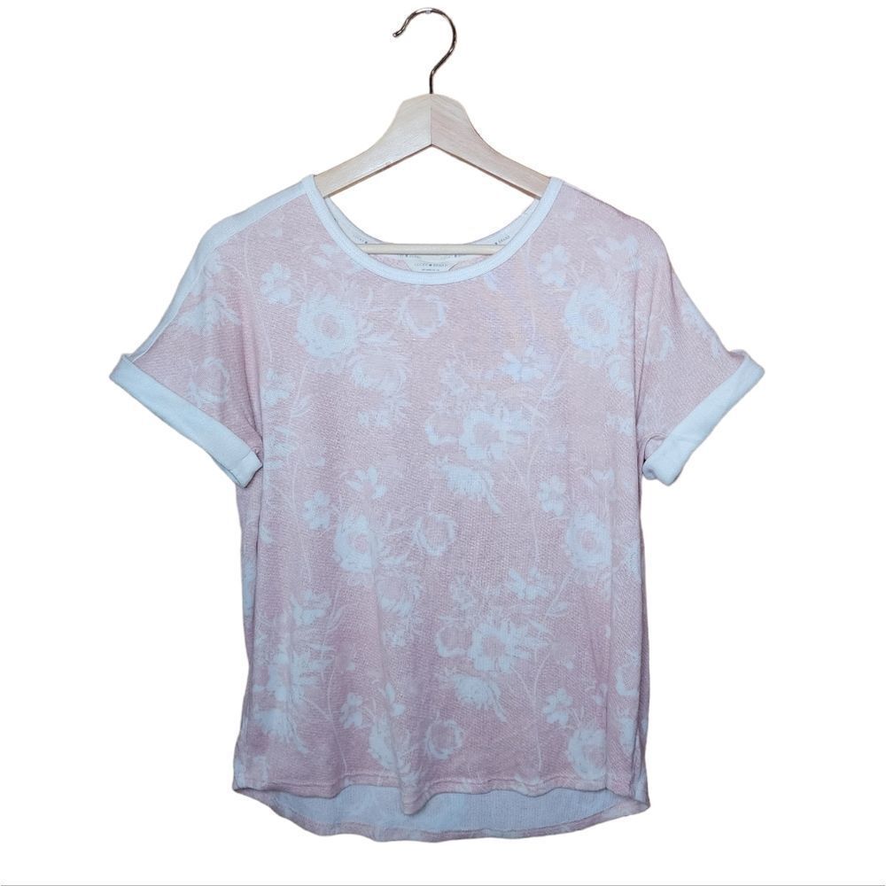 Lucky Brand Pink White Floral Super Soft Cuff Sleeve Women's T Shirt Top Medium